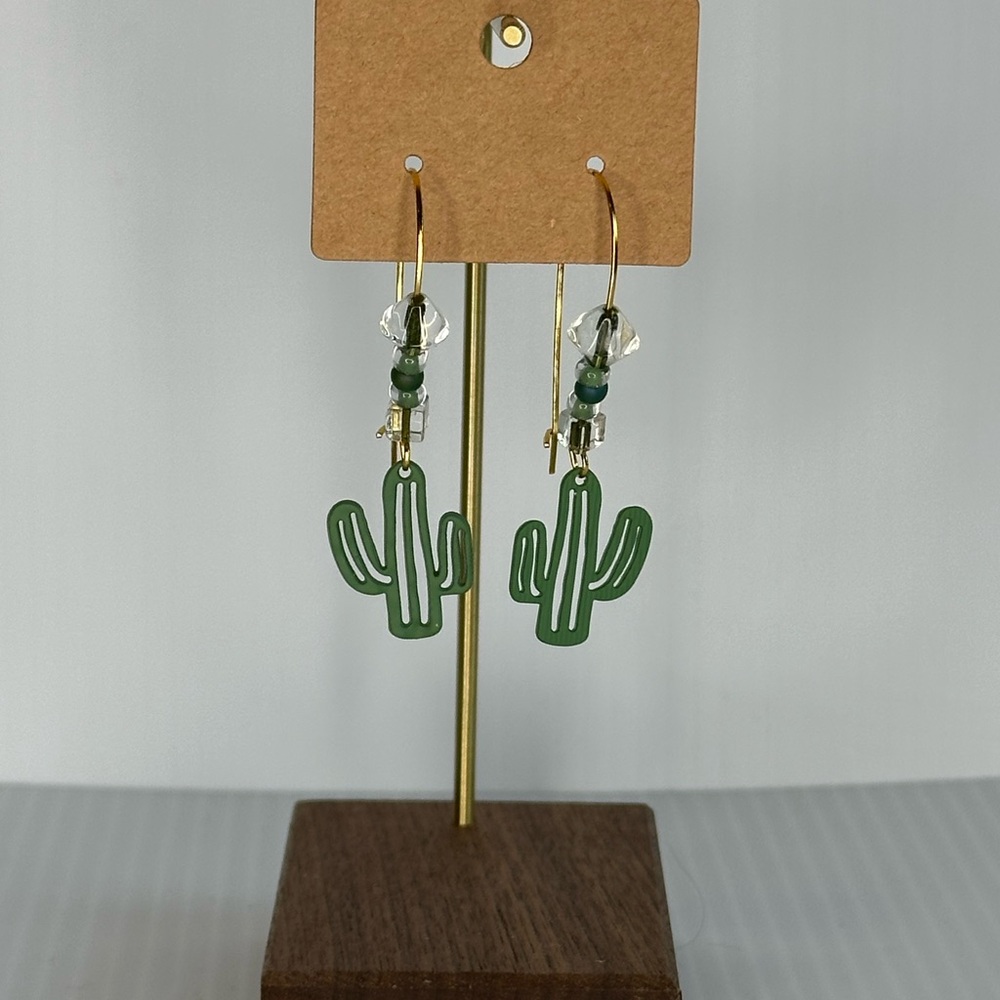 Green Cactus Dangle Earrings with beads